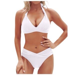 Yonique Vintage Style Push Up White Halter Bikini Set 2 Piece Size Small NWT